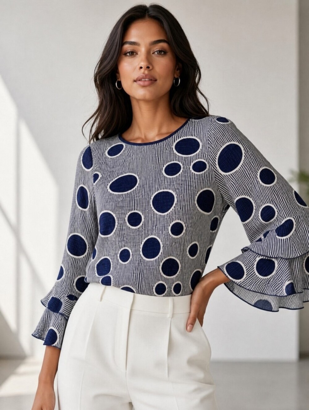 Renuar Navy Blue & White Polka Dot Plissé Tiered Bell Sleeve Blouse Top